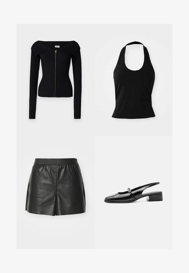 Noisy May NMJULIET CROP - Chaqueta de punto - black; Top negro tipo halter hecho de una tela suave, con un escote redondeado y una silueta ajustada, con una textura lisa y sin patrones visibles.; Pantalones cortos de cuero negro con cintura elástica, diseño a medida y aberturas laterales para mayor libertad de movimiento y ventilación. Textura suave.; Zapato slingback de charol negro con tacón bajo y grueso y una fina correa con hebilla de plata en la parte superior.