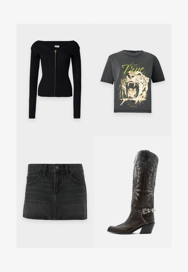 Noisy May NMJULIET CROP - Cardigan - black; JDY JDYFAROCK ELINA - T-shirts print - black; Sorte denimskørt med en tætsiddende design, fem lommer og en talje. Har en metalknaplukning og subtile falmede detaljer.; Sort læder cowboystøvle med dekorative udskæringer, sølvspænde og skrå hæl, vist på hvid baggrund.
