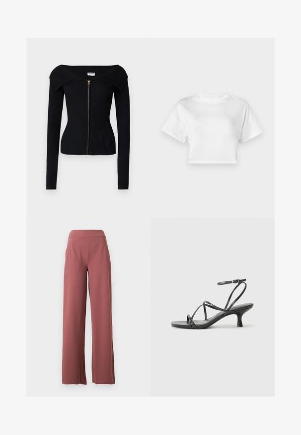 Noisy May NMJULIET CROP - Vest - black; Witte cropped t-shirt van katoen. Korte mouwen, ronde halslijn, gladde textuur, casual ontwerp zonder patronen of versieringen.; Wijde broek in een stofkleur van stofroze, gemaakt van zachte stof, met een hoge tailleband en twee zijzakken. Glad textuur met strakke lijnen.; Zwarte hoge hakken sandalen met dunne banden, open teen ontwerp en een kleine, uitlopende hak. Het materiaal lijkt glad en glanzend.
