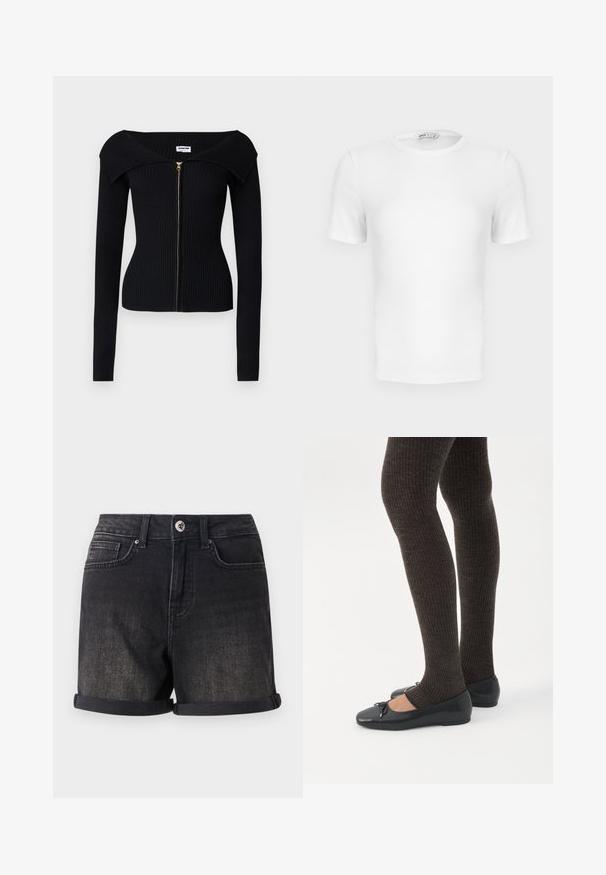 Noisy May NMJULIET CROP - Vest - black; Witte korte mouwen geribde T-shirt met een ronde hals, een aangesloten pasvorm en een klein merklabel aan de binnenkant van de kraag.; Zwarte denim shorts met een opgerolde zoom, vijf zakken en een voorste knoopsluiting. De stof heeft een licht vervagende afwerking.; Benen met donkere geribbelde leggings gecombineerd met zwarte ballerina's met kleine strikdetails op een witte achtergrond.