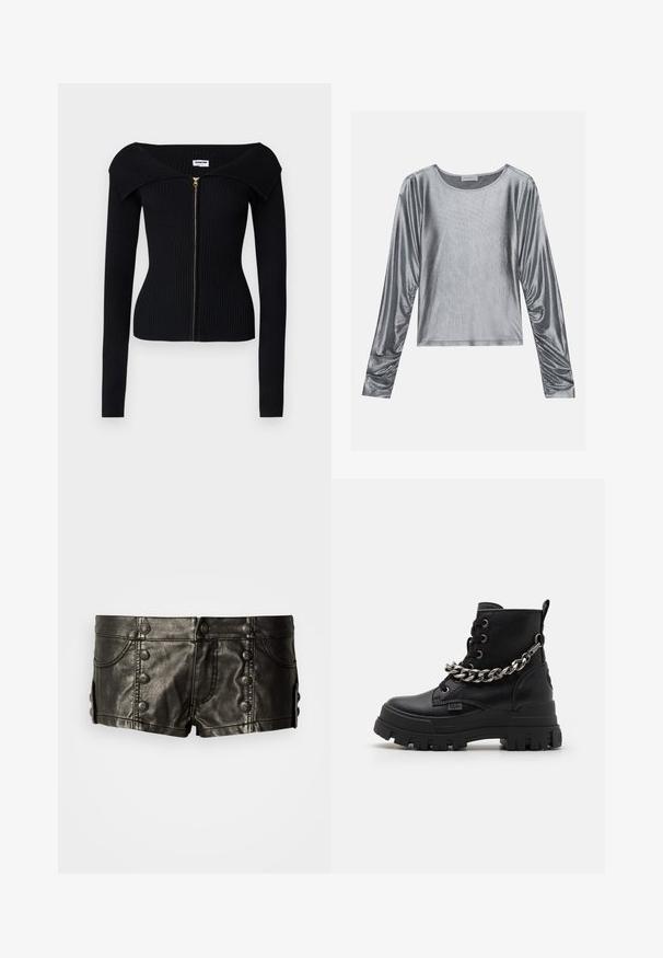 Noisy May NMJULIET CROP - Cardigan - black; Sølvfarvet langærmet top med en glat, skinnende tekstur. Udformet med en rund halsudskæring og rynkede detaljer ved ærmeenderne.; Sorte lavtaljede lædershorts med dekorative metalknapper foran og på siderne, med forlommer og syningsdetaljer.; Sorte ankelsko lavet af struktureret læder, med en kraftig sål, en markant kæde detalje på siden og runde snørebånd.