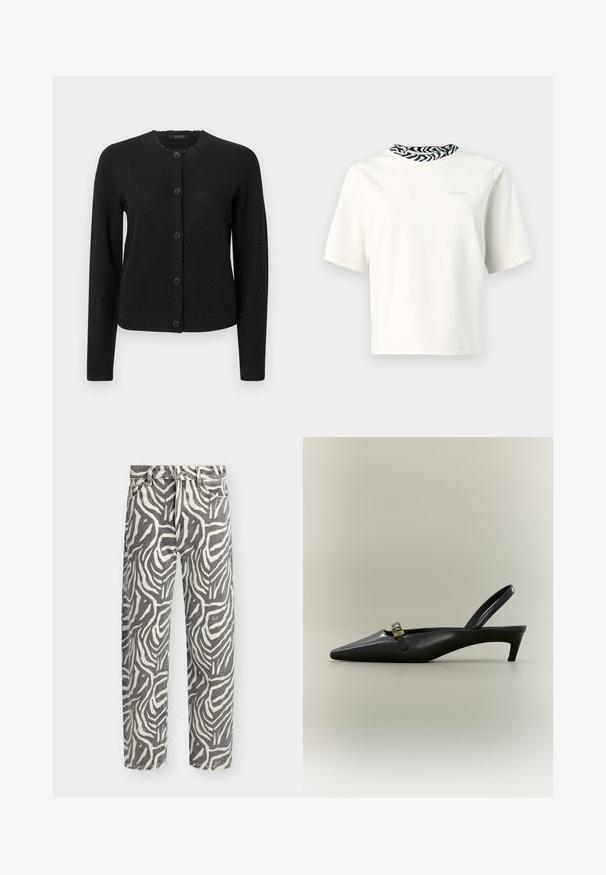 Cardigan noir avec un motif texturé, encolure ronde, manches longues et fermeture à boutons ornés de boutons décoratifs en forme de fleurs.; T-shirt à manches courtes en coton écru avec un détail d'encolure à motif zèbre noir et blanc. Design minimaliste, texture légère.; Jean homme coupe droite avec motif zèbre noir et blanc et design classique à cinq poches.; Escarpin slingback en cuir noir avec talon kitten, bout pointu et petite boucle dorée sur un fond uni.