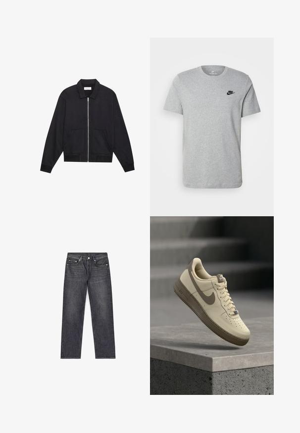 Zwarte ritssluiting jack met een kraag, twee voorkruiszakken, ribgebreide manchetten en een textuurstofafwerking. Eenvoudig en modern ontwerp.; Grijze T-shirt met korte mouwen van katoen, voorzien van een zwart Nike-logo op de borst en een ronde halslijn. Minimalistisch ontwerp zonder patronen.; Donkergrijze spijkerbroek van denim met een rechte pijp, vijf zakken, bovenste knoop en subtiele vervaging op de dijen. Eenvoudig ontwerp, zonder versieringen.; Beige en bruine Nike Air Force 1 sneaker met veters, zwevend boven een betonnen oppervlak met trappen op de achtergrond.