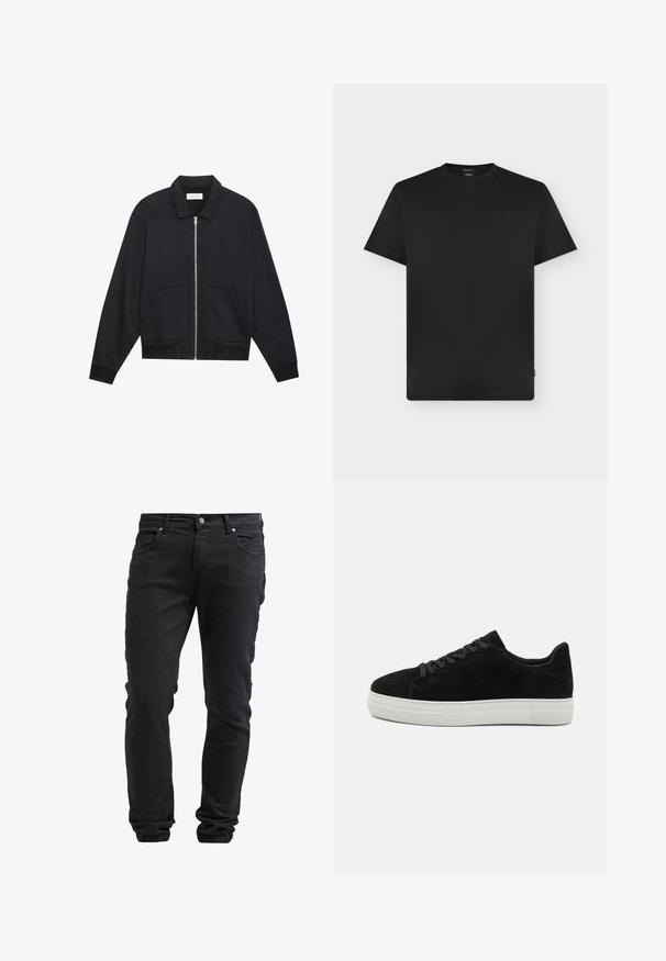 Veste noire zippée avec col, deux poches avant, poignets côtelés et finition en tissu texturé. Design simple et moderne.; T-shirt noir uni à manches courtes et col rond avec un logo de marque discret en relief sur la poitrine gauche et une petite étiquette latérale.; Jeans noirs ajustés avec fermeture à bouton et à glissière, cinq poches et poignets élastiques aux chevilles.; Baskets en suede noir avec semelle en caoutchouc blanche, bout rond et lacets noirs. Texture lisse avec un design minimaliste et sans motifs visibles.