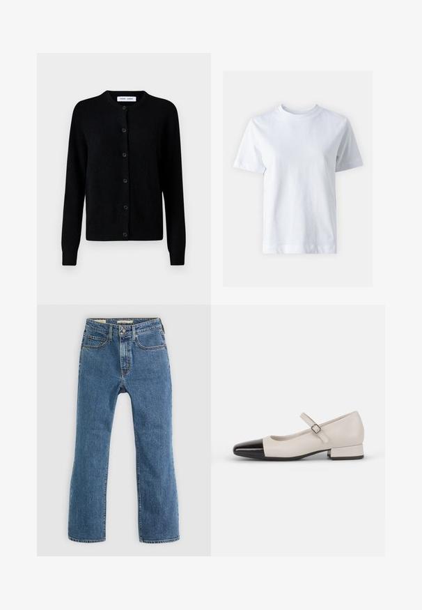 Cardigan en maille noire avec un col rond, ouverture devant par boutons, manches longues, bords côtelés aux poignets et à l'ourlet, fabriqué en tissu en laine douce.; T-shirt en coton blanc avec un col rond, manches courtes, coupe droite et texture lisse. Sans motifs ni embellissements.; Jean en denim bleu avec une coupe droite. Il possède cinq poches, une fermeture à bouton et à zip standard, et des accents de couture visibles.; Chaussure de style Mary Jane en cuir crème avec un bout en vernis noir. Présente un bout rond, une sangle de cheville avec une boucle carrée et un petit talon carré.