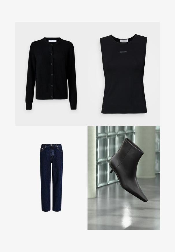 Cardigan en maille noire avec un col rond, ouverture devant par boutons, manches longues, bords côtelés aux poignets et à l'ourlet, fabriqué en tissu en laine douce.; Top sans manches noir en tissu lisse. Doté d'un col rond et d'un petit logo Calvin Klein au centre. Design simple et ajusté.; Jeans en denim bleu foncé avec une coupe droite, dotés d'une taille haute, d'un style à cinq poches et de coutures contrastantes. Sans embellissements.; Bottine en cuir noir avec bout pointu et petit talon, présentée devant un mur en blocs de verre et un sol poli.