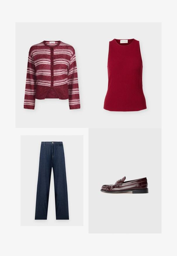 Cardigan bordeaux boutonné avec des rayures blanches horizontales, manches longues et col rond, présenté sur un fond uni.; Haut rouge sans manches avec texture, encolure ronde et détails de coutures verticales ajustées, présenté sur un fond blanc uni.; Jean en denim bleu foncé à jambes larges avec fermeture par bouton et fermeture éclair, passants de ceinture et coutures visibles sur les poches et les coutures.; Mocassin penny en cuir bordeaux avec semelle noire et détail en métal doré sur le dessus, présenté en vue latérale sur fond blanc.