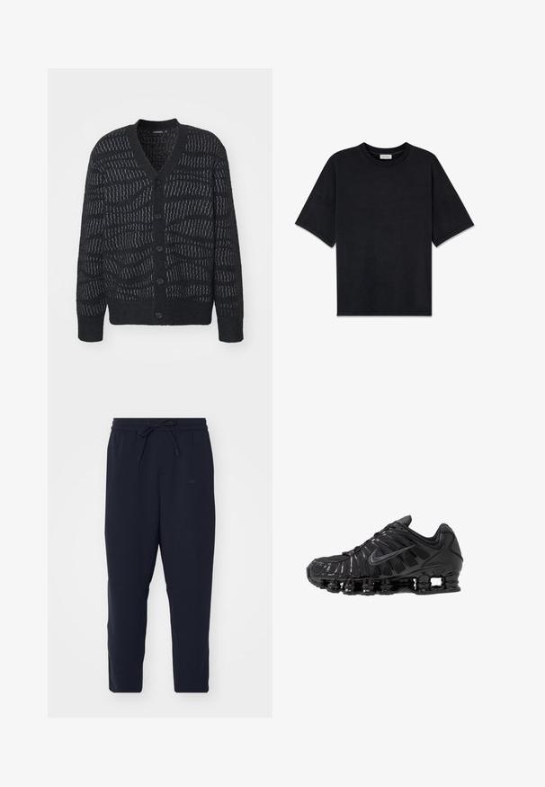 Schwarze Strickjacke mit strukturiertem Muster, mit tiefem V-Ausschnitt, sechs Knöpfen und gerippten Bündchen. Auffälliges gewebtes Design verleiht subtile Details.; Schwarz, Kurzarm-T-Shirt aus weicher Baumwolle mit Rundhalsausschnitt und lässigem Schnitt. Glatte Textur ohne sichtbare Muster oder Akzente.; Navy Jogginghose aus weichem Stoff, mit elastischem Bund und Kordelzug, schmal zulaufenden Beinen und Seitentaschen.; Schwarze Sportschuhe aus Mesh- und synthetischen Materialien mit einem markanten wellenförmigen Design, schwarzer Gummisohle und reflektierenden Akzenten.