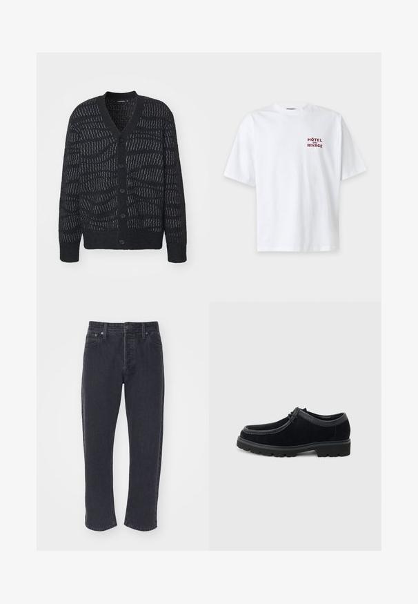 Schwarze Strickjacke mit strukturiertem Muster, mit tiefem V-Ausschnitt, sechs Knöpfen und gerippten Bündchen. Auffälliges gewebtes Design verleiht subtile Details.; Weißes T-Shirt mit kurzen Ärmeln, Rundhalsausschnitt und kleinem roten Text "HÔTEL DU RIVAGE" auf der linken Brustseite.; Dunkelgraue Jeans aus Denim mit geradem Schnitt, fünf Taschen und Metallelementen. Verfügt über Kontrastnähte und eine leicht ausgebleichte Textur.; Schwarzer Schnürschuh aus Wildleder mit dicker Gummisohle und abgerundeter Spitze, seitlich auf hellem grauem Hintergrund gezeigt.