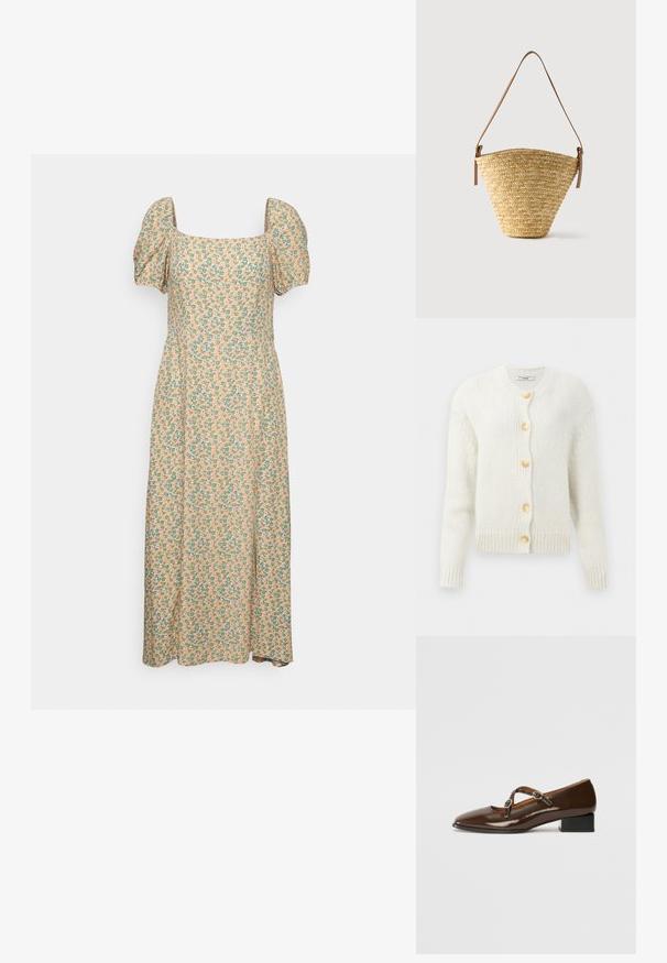 Kerman neule cardigan, jossa on pyöreä kaula-aukko, neljä suurta kultaväristä nappia sekä ribbireunat hihansuissa ja helmassa. Teksturoitu kangas.; Even&Odd Vapaa-ajan mekko - green/pink; Mansikasta patentoitu mokkanahka Mary Jane -kengät, joissa on neliskulmainen kärki, kaksi säädettävää remmiä, joita koristavat pyöreät metallihakaset, ja matala lohko korko.; Kudottu olkilaukku, jossa leveä pohja, kapea yläosa ja säädettävä ruskea nahkainen olkahihna.
