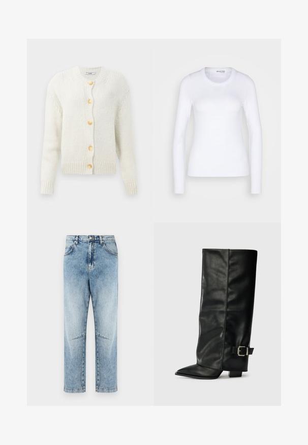 Kremfarvet, strikket cardigan med rund halsudskæring, der har fire store, guldfarvede knapper og ribbede manchetter og kant. Tekstureret stof.; Selected SLFDIANNA O NECK - Langærmet T-shirt - bright white; Lyseblå højtaljede jeans med lige ben, falmet vask, for- og baglommer, bæltestropper, knaplukning og knæsøm detaljer.; Sorte læder ankelstøvler i ankellængde med spids tå, glat tekstur og en sølvspændeaccents på siden. Kraftig firkantet hæl.