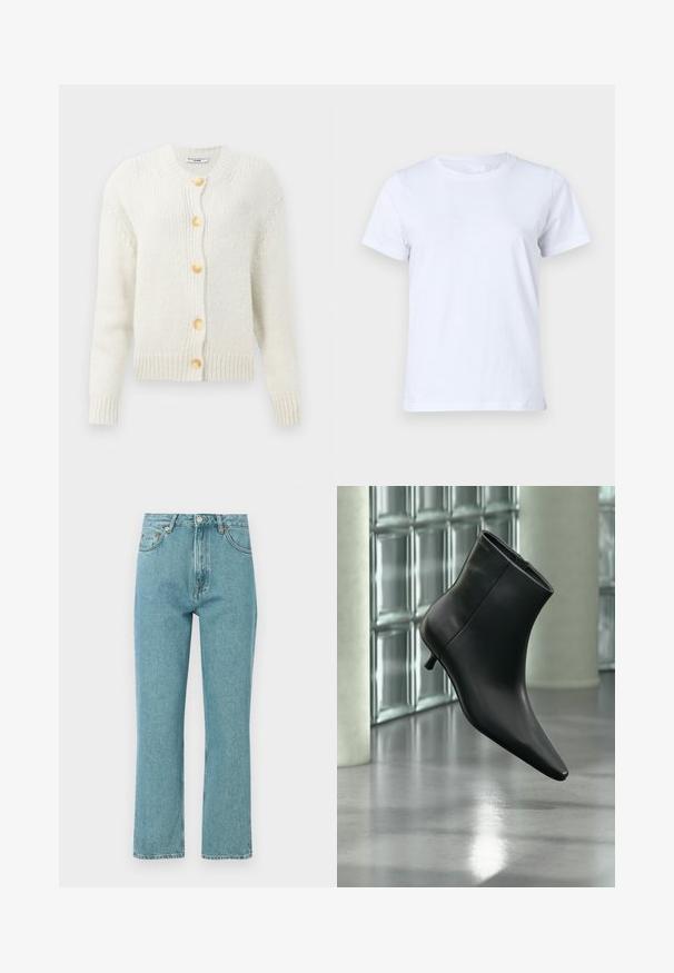 Kremfarvet, strikket cardigan med rund halsudskæring, der har fire store, guldfarvede knapper og ribbede manchetter og kant. Tekstureret stof.; Hvid bomulds T-shirt, korte ærmer, klassisk crew neck design, ensartet tekstur uden mønstre eller accenter, standard pasform, enkel og alsidig.; Lyseblå, høj talje jeans med lige ben-design. Lavet af denim, featuring forlommer og knaplukning.; Sort læderankelstøvle med spids tå og lav kitten-hæ, vist vinklet mod en poleret gulv- og glasblokvæg.