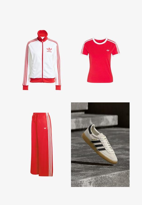 Weißer Trainingsjacke mit roten Akzenten, Vollreißverschluss, hohem Kragen, drei roten Streifen an den Ärmeln und gesticktem roten Adidas-Logo auf der Brust.; Rotes Baumwoll-T-Shirt mit weißem, geripptem Kragen und Bündchen. Mit drei weißen Streifen auf jeder Schulter und einem kleinen weißen Logo auf der Brust.; Rote Sporthose aus leichtem Material, mit weitem Bein, elastischem Bund, Kordelzug und drei weißen Streifen auf jeder Seite.; Weißer Adidas Spezial Sneaker mit schwarzen Streifen und Kautschuksohle, der über grauen Steinstufen im Freien schwebt.