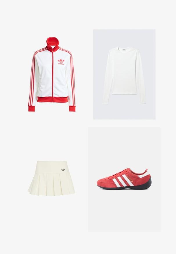 Weißer Trainingsjacke mit roten Akzenten, Vollreißverschluss, hohem Kragen, drei roten Streifen an den Ärmeln und gesticktem roten Adidas-Logo auf der Brust.; Langärmliges, schlichtes weißes Rundhals-Shirt mit schlanker Passform, dargestellt vor einem hellgrauen Hintergrund.; adidas Originals Minirock - off white; Roter Wildleder-Sportschuh mit weißem Drei-Streifen-Design, schwarzer Gummisohle und minimalistischer Form. Goldfarbenes Logodetail an der Seite.