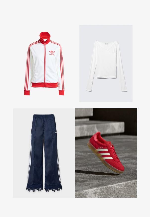 Weißer Trainingsjacke mit roten Akzenten, Vollreißverschluss, hohem Kragen, drei roten Streifen an den Ärmeln und gesticktem roten Adidas-Logo auf der Brust.; Weißes Langarmoberteil mit einem Überlappungsdesign und einer Tasche. Hergestellt aus einem glatten, elastischen Material. In einem lässigen, entspannten Schnitt.; Marineblaue Trainingshose mit weitem Bein, weißen Seitenstreifen, elastischem Bund, adidas-Logo an der Hüfte und Spitzenbesatz am Saum.; Roter Wildledersneaker mit weißen Streifen, flacher Gummisohle und strukturiertem Fersenbereich. Verfügt über die "Gazelle"-Markierung an der Seite und ein abgerundetes Zehendesign.