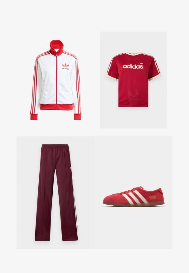 Witte sportjack met rode accenten, volledige rits, hoge kraag, drie rode strepen op de mouwen en geborduurd rood Adidas-logo op de borst.; Rood Adidas mesh t-shirt met beige bies aan de kraag, mouwen en de drie strepen op de schouders, met Adidas-logo en tekst op de voorkant.; Wijnrode trainingsbroek met elastische tailleband, zijzakken met rits, witte zijstrepen en een klein wit Adidas-logo op de rechterdij.; Rode suède sneakers met wit drie-streepdesign, platte zool en gouden logo-detail. Laag uitgesneden ontwerp met ronde neus en vetersluiting.