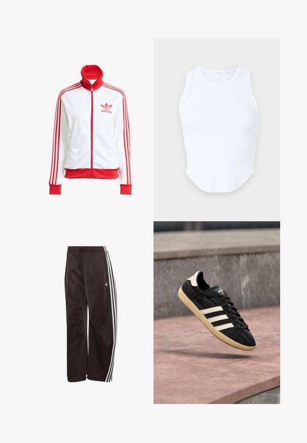 Hvid træningsjakke med røde accenter, fuld lynlås, høj krave, tre røde striber på ærmerne og broderet rødt Adidas-logo på brystet.; Good American MICRO TANK - Top - white; Sorte Adidas træningsbukser med hvide tre striber ned langs siderne, elastisk linning, sidelomme med lynlås og Adidas-logo på venstre ben.; Sort Adidas sneaker med hvide striber og beige sål, fanget i luften over en stenet overflade og baggrund af en stenmur.