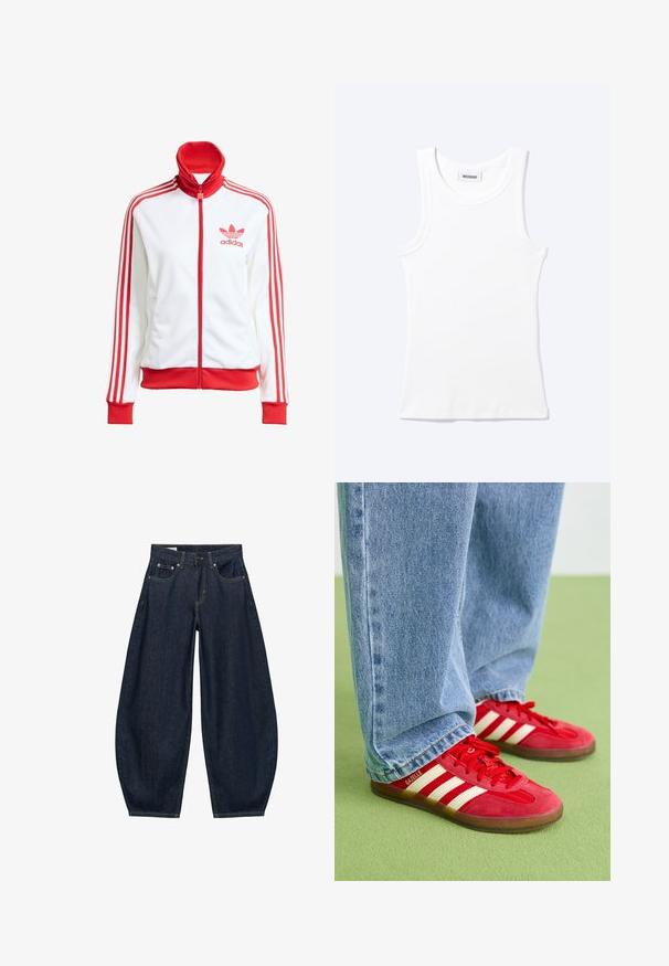 Hvid træningsjakke med røde accenter, fuld lynlås, høj krave, tre røde striber på ærmerne og broderet rødt Adidas-logo på brystet.; Hvid ærmeløs ribstrikket top med rund halsudskæring og en lille label med teksten "WEEKDAY" indeni kraven.; Mørkeblå vidde jeans med frontlommer, bæltestropper og knaplukning i taljen.; Røde ruskinds sneakers med tre hvide striber, rund tå og tekstureret sål, parret med lyseblå denim jeans på en grøn baggrund.