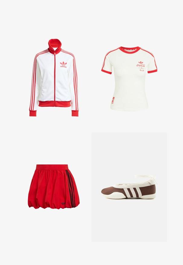 Weißer Trainingsjacke mit roten Akzenten, Vollreißverschluss, hohem Kragen, drei roten Streifen an den Ärmeln und gesticktem roten Adidas-Logo auf der Brust.; Weißes T-Shirt mit kurzen Ärmeln, rotem Kragen, Ärmelsaum, Streifen und Coca-Cola-Logo auf der Brust und unteren Seite.; Roter Baumwollrock mit voluminöser Form, geraffter Taille und schwarzen Seitenstreifen. Kleines Logodetail in der Nähe des Saums. Glatte Textur.; Brauner und weißer Ballerinaschuh mit drei weißen Streifen und einer Schleife zum Binden am Knöchel auf einem schlichten hellen Hintergrund.