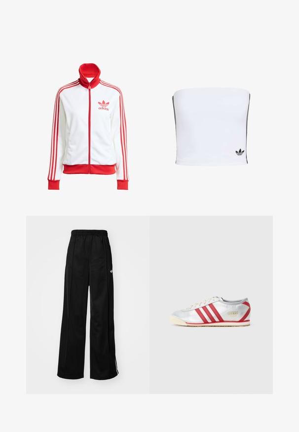 Witte sportjack met rode accenten, volledige rits, hoge kraag, drie rode strepen op de mouwen en geborduurd rood Adidas-logo op de borst.; Witte bandeau-top gemaakt van rekbaar materiaal. Bevat zwarte zijstrepen en een klein zwart logo aan de onderrand. Glad van textuur.; Zwarte wijde trainingsbroek met een elastische tailleband, voorzien van witte zijkanten en een klein logo op de linker heup. Stevige stoftextuur.; Adidas sneakers met een zilveren synthetisch bovenwerk, drie rode strepen, een beige zool en een gouden logo aan de zijkant, met een laag profiel ontwerp.