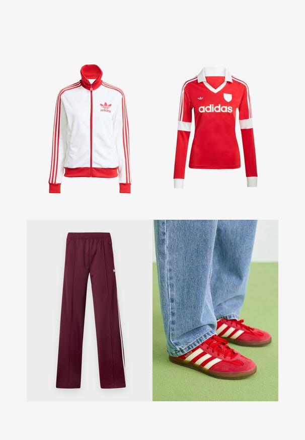 Hvid træningsjakke med røde accenter, fuld lynlås, høj krave, tre røde striber på ærmerne og broderet rødt Adidas-logo på brystet.; Rød langærmet fodboldtrøje med hvid krave og manchetter. Har tre hvide striber på skuldrene og "adidas" logoet fremtrædende vist.; Bordeaux løbebukser med elastisk taljebånd, sidelommer med lynlås, hvide sidelommer og et lille hvidt Adidas-logo på højre lår.; Røde ruskinds sneakers med tre hvide striber, rund tå og tekstureret sål, parret med lyseblå denim jeans på en grøn baggrund.