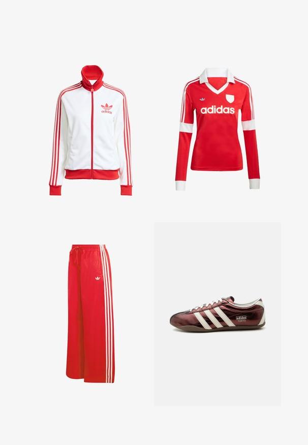 Weißer Trainingsjacke mit roten Akzenten, Vollreißverschluss, hohem Kragen, drei roten Streifen an den Ärmeln und gesticktem roten Adidas-Logo auf der Brust.; Rotes Fußballtrikot mit langen Ärmeln, weißem Kragen und weißen Ärmelbündchen. Es hat drei weiße Streifen auf den Schultern und das "adidas"-Logo ist auffällig platziert.; Rote Sporthose aus leichtem Material, mit weitem Bein, elastischem Bund, Kordelzug und drei weißen Streifen auf jeder Seite.; Flacher metallischer burgunderfarbener Adidas Sneaker mit weißen Streifen, Schnürsenkeln und „Adidas Tokyo“-Branding an der Seite.