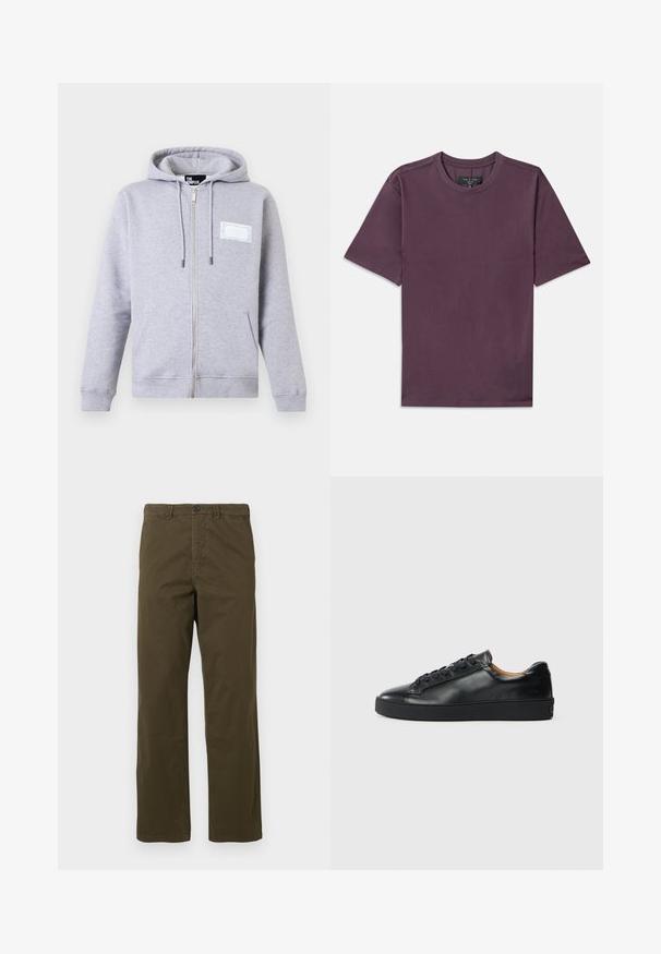 Sweat à capuche gris clair zippé avec poches avant, capuche ajustable par cordon, et une petite étiquette blanche rectangulaire sur le côté gauche de la poitrine.; T-shirt à manches courtes et col rond en mauve foncé avec une étiquette de marque visible cousue à l'intérieur du col.; Pantalons en coton marron pour hommes, coupe droite, avec passants de ceinture, bouton frontal et fermeture éclair sur fond clair.; Baskets en cuir noir avec une texture lisse, bout rond et fermeture à lacets. Comprend une semelle en caoutchouc épaisse et un minimum de détails de marque.
