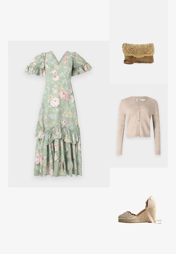 Beige strikket cardigan med lange ærmer, v-udskæring og hjerteformede guldknapper. Har ribbet tekstur og cropped design.; Blomstret maxi-kjole i blød grøn med V-hals, puf ærmer, flæsedetaljer og et tieret kant. Har pink roser og små blå blomster.; Beige kileespadrille med flettet jutesål, udskårne blomsterblade ved tåen og ankelbånd mod hvid baggrund.; Pieces Crossbody PCVIOLET - Skuldertasker - nature