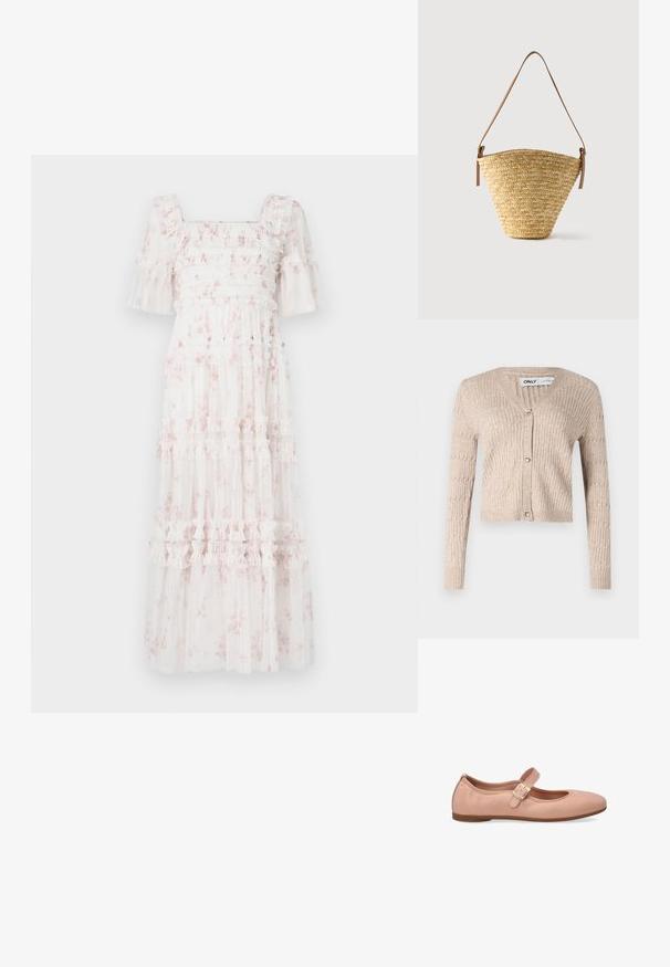 Cardigan en tricot beige avec de longues manches, un décolleté en V et des boutons dorés en forme de cœur. Présente une texture côtelée et un design court.; Robe midi blanche à motifs floraux roses, corsage smocké, manches volantes et jupe à volants superposés avec fronces horizontales et texture transparente.; Ballerines en cuir rose avec un bout rond et une seule sangle réglable au-dessus de l'arche. Semelle plate en caoutchouc. Texture lisse.; Sac seau en paille tissée avec une base large, un sommet étroit et une bandoulière en cuir marron ajustable.