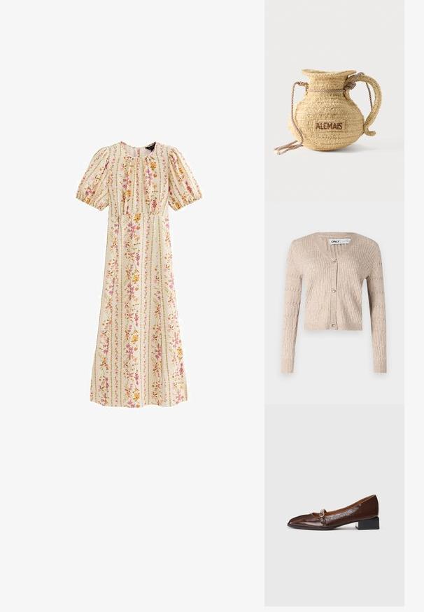 Beige strikket cardigan med lange ærmer, v-udskæring og hjerteformede guldknapper. Har ribbet tekstur og cropped design.; Kremfarvet midikjole med pufærmer, rund halsudskæring, tætsiddende talje og lodrette blomstrede striber i pink, orange og grønne nuancer.; Mørkebrune patentlæder Mary Jane-sko med en firkantet sort lav hæl og sølvspænde, vist i profil på en hvid baggrund.; Rund flettet stråtaske med håndtag af reb og "ALEMAIS" broderet på siden med brunt garn.