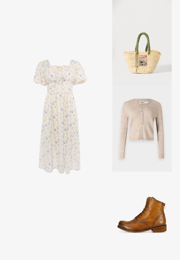 Beige strikket cardigan med lange ærmer, v-udskæring og hjerteformede guldknapper. Har ribbet tekstur og cropped design.; Lysegul midi-kjole med blåt blomsterprint, puffede ærmer, firkantet halsudskæring og bindedetalje ved brystet.; Brun læder ankelstøvle med rund tå, snørebånd foran, lynlås i siden og en lav træhælt. Har et diskret præget logo på hælen.; Vævet beige stråtaske med flettede grønne og sorte håndtag og en farverig rektangulær lap foran.