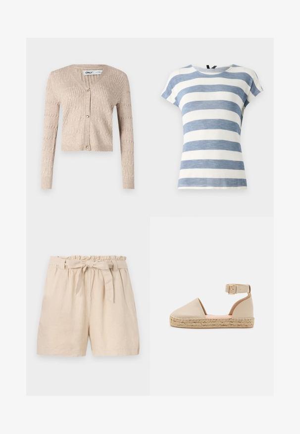 Beige strikket cardigan med lange ærmer, v-udskæring og hjerteformede guldknapper. Har ribbet tekstur og cropped design.; Stripet t-shirt i lys blå og hvid, med korte ærmer, rund halsudskæring og et blødt, let struktureret stof.; Beige linnedshorts med elastisk livrem, flæset kant og en aftagelig bælte i snor. Har en afslappet pasform og glat, tekstureret stof.; Beige læder espadrille med rund tå og ankelrem. Har en jute-vævet sål, glat tekstur og en guldbeslag som accent.