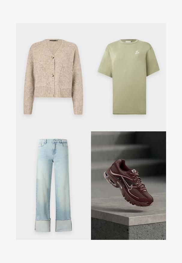 Vero Moda Knitted VMINGRID Knit - Strickjacke - beige; Olivgrünes Baumwoll-T-Shirt mit kurzen Ärmeln, Rundhalsausschnitt und einem kleinen weißen Grafikdruck im oberen linken Brustbereich.; Hellblaue Jeans aus Denim mit weitem Bein und großen Umschlägen an den Säumen, ausgestattet mit vorderem Reißverschluss, Knopfverschluss und Vordertaschen.; Dunkelroter Nike-Laufschuh mit Mesh-Stoff, gepolstertem Kragen, dicker Sohle und weißen Akzenten. Das Design zeichnet sich durch eine abgerundete Zehenpartie und markante Schnürsenkel aus.