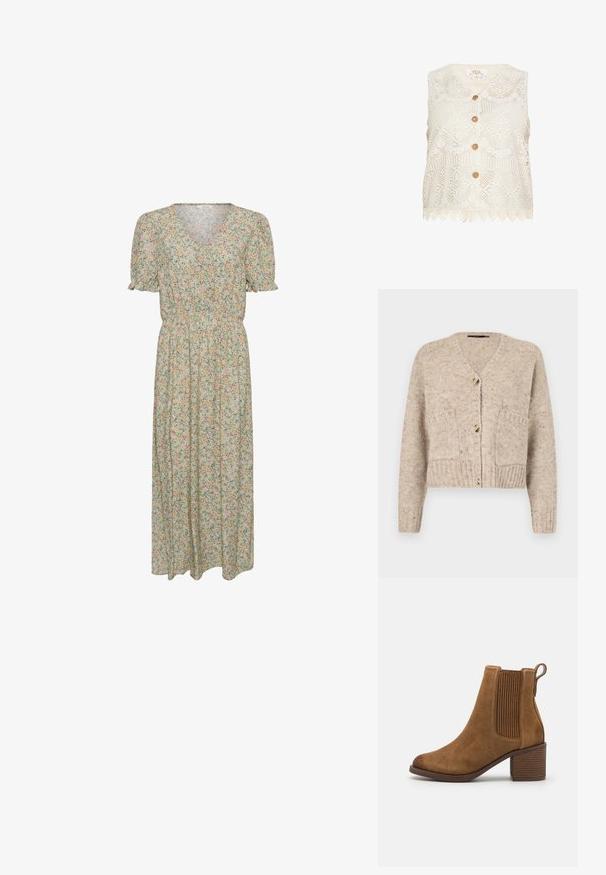 Vero Moda Knitted VMINGRID Knit - Cardigan - beige; Ærmeløs cremefarvet bluse i blonder med blomsterhæklet mønster, fire dekorative runde knapper og bølget kant.; Lysegrøn blomsterprintet midikjole med korte pufærmer, V-hals, knapper foran og rynket talje.; Brune ruskindsankelstøvle med elastiske sidepaneler, rund tå og blokhæl, der har et tekstureret træmønster.