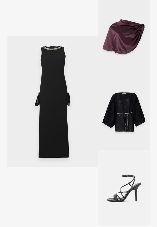 Kimono negro de frente abierto con mangas anchas, hecho de una tela texturizada. Cuenta con una cintura ceñida con un lazo trenzado plateado.; Vestido negro sin mangas con un escote alto adornado con un aplique de cuentas. Presenta bolsillos laterales y una silueta recta hasta el suelo.; Sándalo negro de tacón alto con tiras finas, hebilla en el tobillo, superficie de cuero suave y tacón de aguja esbelto.; Falda midi de satén morado oscuro con un acabado liso y brillante y detalle fruncido en un lado sobre un fondo claro liso.