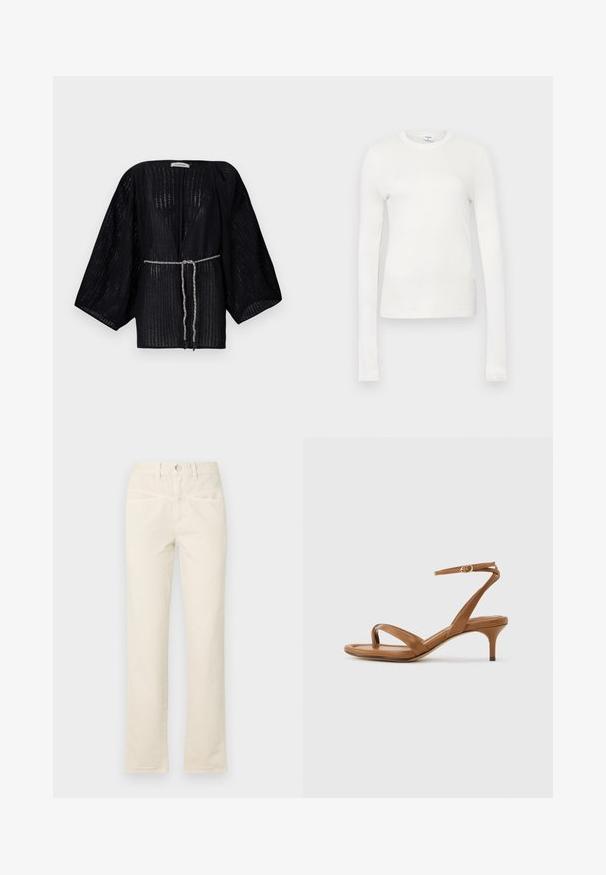 Kimono negro de frente abierto con mangas anchas, hecho de una tela texturizada. Cuenta con una cintura ceñida con un lazo trenzado plateado.; Camiseta blanca de manga larga hecha de algodón suave. Presenta un escote redondo, silueta ajustada y textura suave. Sin patrones ni acentos.; Pantalones de algodón beige con un diseño de pierna recta, que presentan un cierre con botón y sutiles bolsillos frontales. El dobladillo tiene un ligero detalle deshilachado.; Sandalia de cuero marrón con tiras, tacón bajo de estilo kitten y una correa en el tobillo con una pequeña hebilla, mostrada de lado sobre un fondo liso.