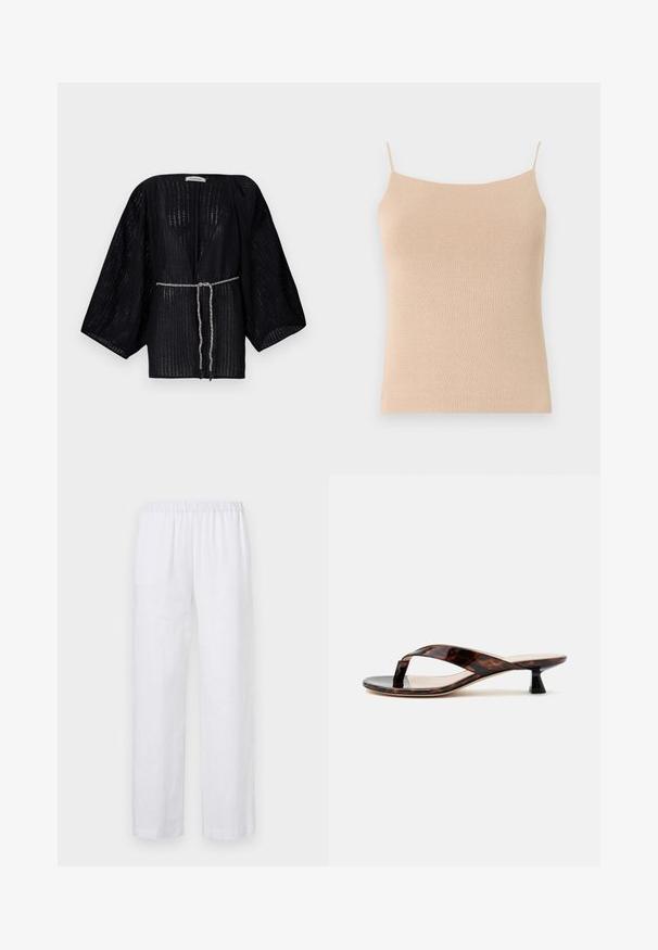 Kimono negro de frente abierto con mangas anchas, hecho de una tela texturizada. Cuenta con una cintura ceñida con un lazo trenzado plateado.; Camiseta de punto beis con tirantes finos, que presenta un diseño ceñido y una tela texturizada, ideal para superponer o para uso casual.; ASPESI PANTALONE - Pantalones - white; Sandalia de tacón bajo estilo "kitten heel" de carey marrón con tira tobillera y puntera cuadrada sobre un fondo liso claro.