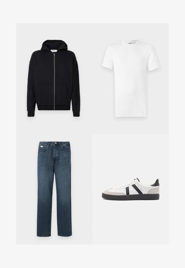 Haut à capuche noir zippé avec cordon de serrage, manches longues, poches avant et poignets côtelés. Fabriqué en tissu doux et texturé.; T-shirt blanc uni à manches courtes et col rond, avec une petite étiquette de marque à l'intérieur du col, présenté sur un fond blanc.; Jean en denim bleu foncé avec une coupe droite, cinq poches, passants de ceinture et fermeture à glissière. Texture lisse avec des détails de décoloration subtils.; Baskets blanches avec des accents noirs et gris, présentant un embout texturé gris, une semelle en caoutchouc noir et des lacets plats blancs. Design épuré, style minimaliste.