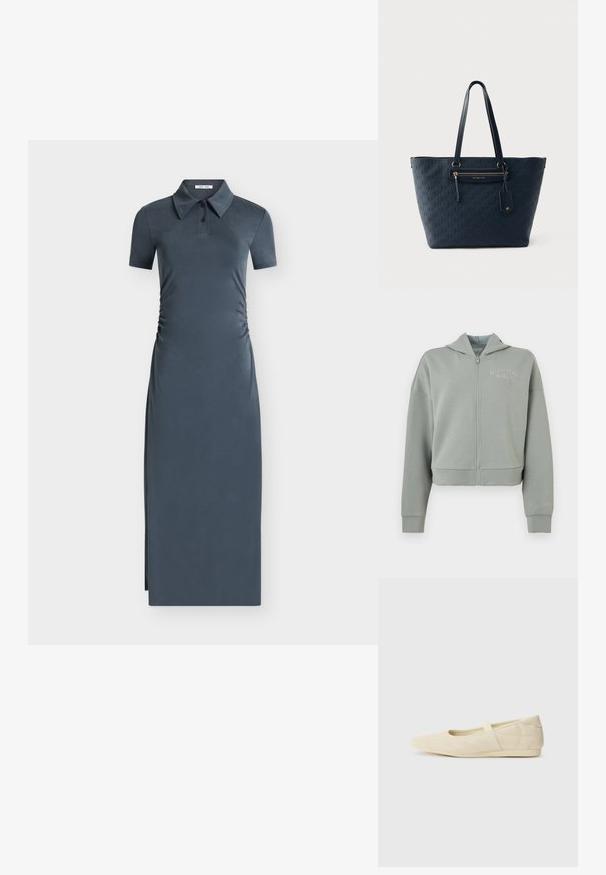 Sweat à capuche gris clair avec fermeture éclair, fabriqué en tissu lisse, doté d'une fermeture éclair à l'avant, d'une capuche et de poignets côtelés. Logo "Calvin Klein" brodé sur la poitrine.; Robe polo midi gris foncé à manches courtes avec col boutonné et côtés froncés sur un fond clair uni.; Ballerines beiges avec une exterior en cuir lisse, un bout en forme d'amande et une sangle élastique sur le coup de pied, avec des détails de couture subtils.; Sac cabas bleu marine Michael Kors avec motif de logo embossé, poche zippée à l'avant, longues anses et étiquette en cuir attachée.
