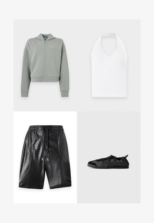 Sweat à capuche gris clair avec fermeture éclair, fabriqué en tissu lisse, doté d'une fermeture éclair à l'avant, d'une capuche et de poignets côtelés. Logo "Calvin Klein" brodé sur la poitrine.; Haut blanc à encolure licou avec un décolleté en V, fabriqué à partir d'un tissu doux. Présente une silhouette ajustée sans embellissements supplémentaires.; Shorts en cuir noir avec une taille élastique, détail de cordon de serrage et coutures latérales. Texture lisse avec une finition brillante.; Sneakers noirs avec une tige en cuir lisse et des accents en suède texturé. Dotés d'un laçage à l'avant, d'un bout arrondi et d'une semelle en caoutchouc rainurée.