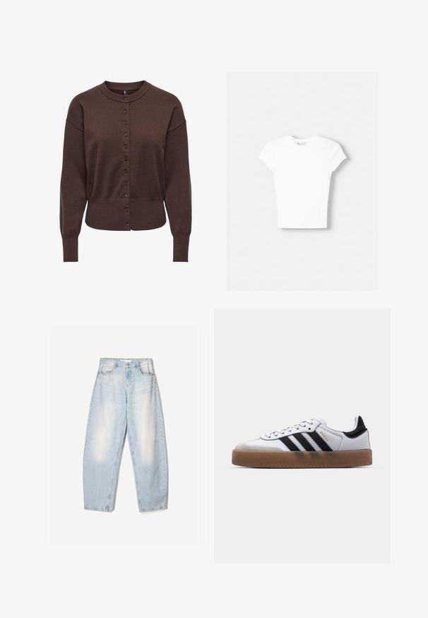 Cardigan marron avec un col rond, des manches longues et une fermeture à boutons. Confectionné en maille douce avec une coupe décontractée.; T-shirt blanc à manches courtes en coton doux, avec un col rond et une coupe ajustée. Pas de motifs ni d'ornements visibles.; Jean en denim bleu clair à coupe décontractée, avec une finition délavée, deux poches avant et une fermeture par bouton au niveau de la taille.; Baskets en cuir blanc avec des rayures noires, semelle extérieure en caoutchouc beige, bout rond, fermeture lacée et embout en suède gris doux.