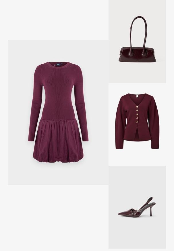 Bordeaux vest met lange mouwen, V-hals en vijf decoratieve knopen in gouden tint aan de voorkant. Zacht, gebreid stof met een rechte snit.; Paarse jurk met een geribbelde lijfje, lange mouwen en een geplooide rok. De stof oogt glad en heeft een lichte textuur.; Bordeauxrode lakleren slingback met puntige neus, dunne enkelband en kleine decoratieve gespsluiting. Gladde textuur en hoge hak.; Donkerbruine glanzende leren handtas met lange, dunne handvatten en een gestructureerde rechthoekige bodem op een effen lichte achtergrond.