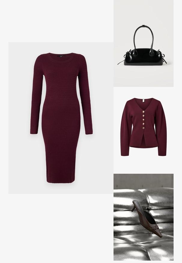 Bordeaux vest met lange mouwen, V-hals en vijf decoratieve knopen in gouden tint aan de voorkant. Zacht, gebreid stof met een rechte snit.; Vero Moda VMSILJE ONECK CABLE - Gebreide jurk - winetasting; Bruine mule met hoge hak en puntige neus, voorzien van gespsdetail, zwevend boven een glanzend zilveren, getufte leren oppervlak.; Kleine zwarte glanzende handtas met twee lange hengsels en zijkant trekkoord details op een effen lichte achtergrond.