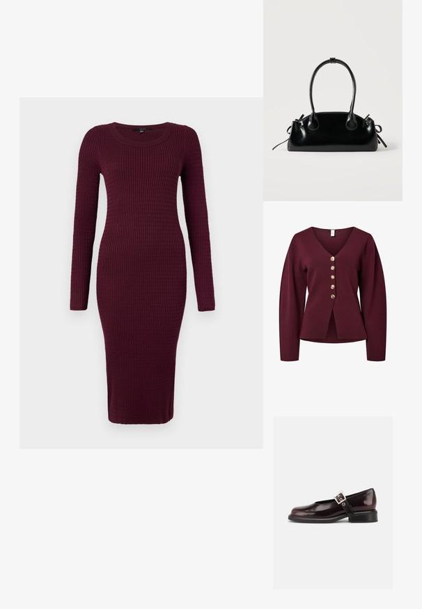 Bordeaux vest met lange mouwen, V-hals en vijf decoratieve knopen in gouden tint aan de voorkant. Zacht, gebreid stof met een rechte snit.; Vero Moda VMSILJE ONECK CABLE - Gebreide jurk - winetasting; Enkele glanzende donker bordeauxrode Mary Jane schoen met brede band en zilveren gesp, lage blokhak en afgeronde neus op witte achtergrond.; Kleine zwarte glanzende handtas met twee lange hengsels en zijkant trekkoord details op een effen lichte achtergrond.
