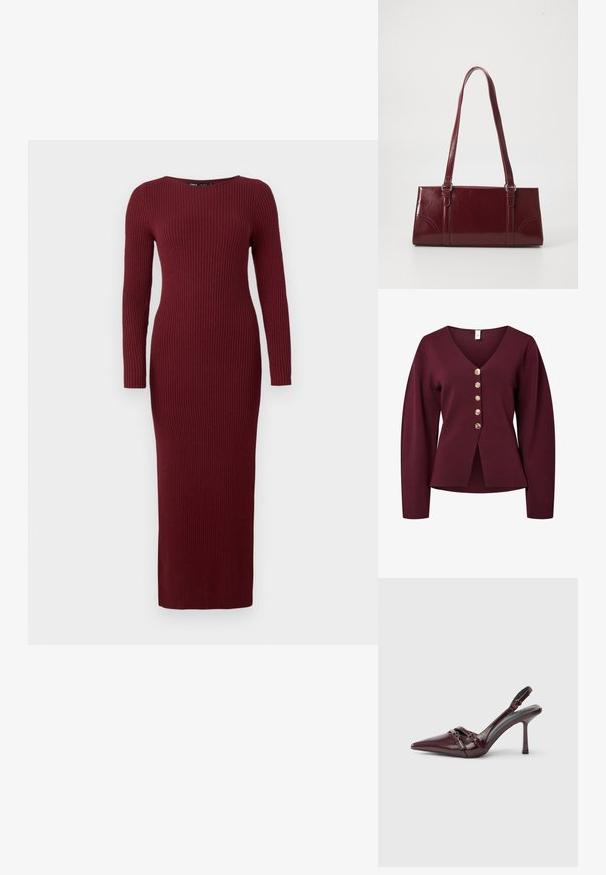 Bordeaux vest met lange mouwen, V-hals en vijf decoratieve knopen in gouden tint aan de voorkant. Zacht, gebreid stof met een rechte snit.; Bordeaux ribbelgebreide maxi-jurk met lange mouwen en een bootnek, met een aansluitende pasvorm en subtiele textuur overal.; Bordeauxrode lakleren slingback met puntige neus, dunne enkelband en kleine decoratieve gespsluiting. Gladde textuur en hoge hak.; Bourgondische handtas van glanzend materiaal, rechthoekige vorm, met twee schouderbanden en subtiele gebogen accenten aan de voorkant.