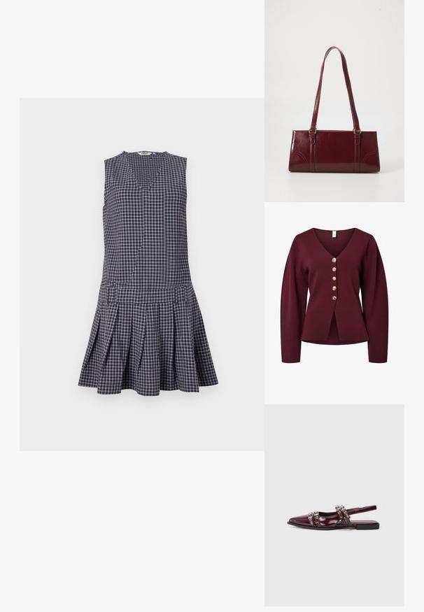 Bordeaux cardigan med lange ærmer, V-hals og fem dekorative guldfarvede knapper foran. Blødt, strikket stof med en lige pasform.; Marineblå ternet kjole med V-hals, ærmeløst design, plisseret nederdel og struktureret talje. Fremstillet af letvægtsstof.; Bordeaux patentlæder slingback flad sandal med spids tå, der har dekorerede remme med metalliske detaljer.; Bordeaux håndtaske lavet af glansfuldt materiale, rektangulær form, med to skulderremme og subtile buede detaljer på forsiden.