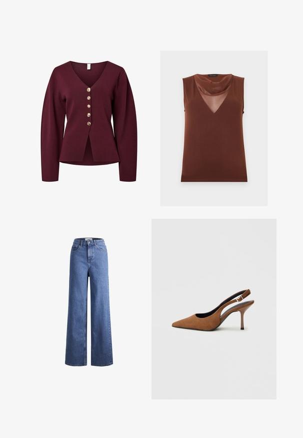Bordeaux cardigan med lange ærmer, V-hals og fem dekorative guldfarvede knapper foran. Blødt, strikket stof med en lige pasform.; Ærmeløs brun top med et gennemsigtigt V-hals panel og en blød, draperet krave, mærket "Anna Field."; Lyseblå denim brede bukser med høj talje, to frontlommer og synlige stikninger. Har en knap- og lynlåslukning.; Brune ruskind slingback-høje hæle med spids tås design, en tynd stiletthæl og en spænde-accent på remmen. Tekstureret finish.