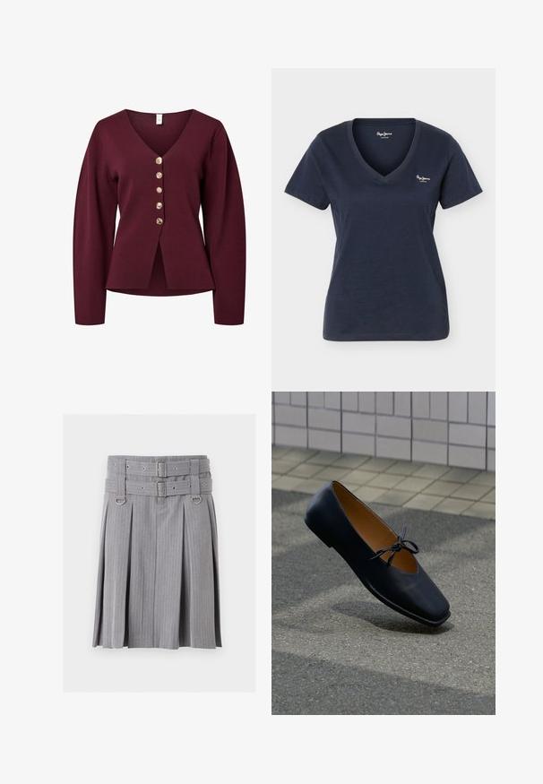 Bordeaux cardigan med lange ærmer, V-hals og fem dekorative guldfarvede knapper foran. Blødt, strikket stof med en lige pasform.; Marineblå kortærmet V-hals T-shirt til kvinder med lille hvidt logo "Pepe Jeans London" på venstre bryst.; Grå plisseret nederdel med striber med dobbelt bælte og sølvspænder, med D-ring detaljer ved taljen.; Sort læder flad sko med firkantet tå og bundet sløjfe, svævende over grå fortov med flisebelagt væg i baggrunden.
