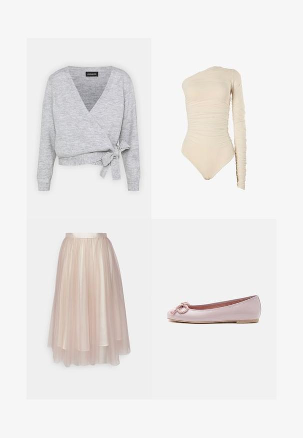 Cache-cœur gris avec un décolleté en V, des manches longues et un lien ajustable à la taille. Fabriqué en maille douce avec une texture subtile.; Body beige à manches longues avec un design asymétrique à une épaule. Caractérisé par une texture froncée, des jambes taille haute et un tissu doux et extensible.; Ida Sjöstedt FLAWLESS SKIRT - Jupe trapèze - warm beige; Ballerine en cuir verni rose clair avec bout arrondi, nœud en corde torsadée sur le devant et semelle basse beige sur fond blanc.