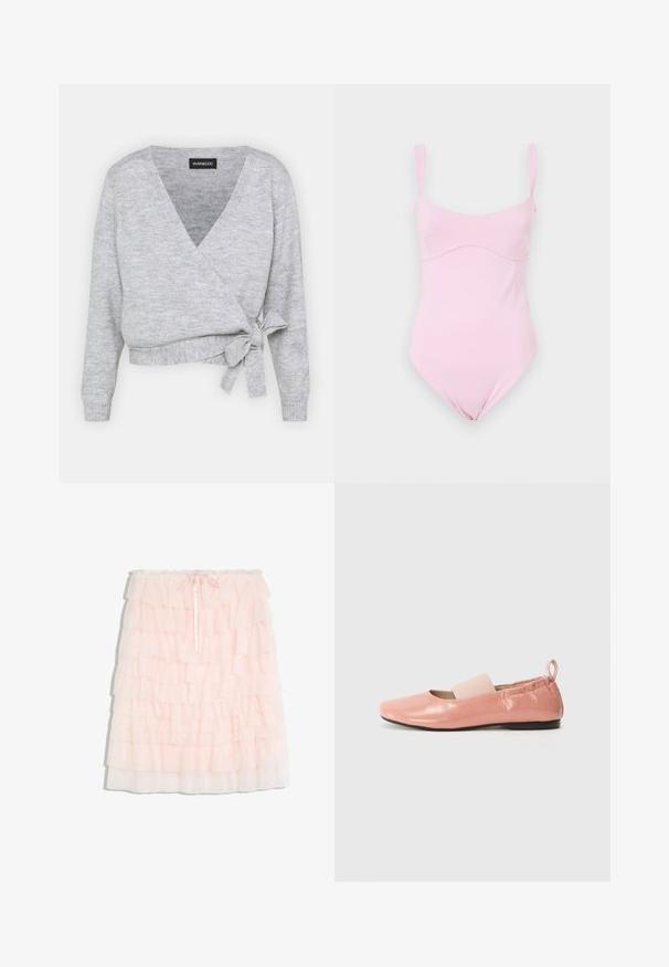 Cache-cœur gris avec un décolleté en V, des manches longues et un lien ajustable à la taille. Fabriqué en maille douce avec une texture subtile.; Good American TANK - Débardeur - flora; Jupe en tulle rose clair à étages avec plusieurs couches à volants et un petit nœud devant à la taille élastique.; Ballerines synthétiques roses avec une texture brillante, un bout carré et une bande élastique douce sur le cou-de-pied. Semelle en caoutchouc noire et tirette à l'arrière.